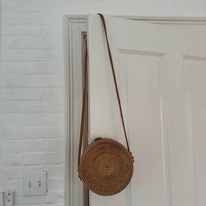 Round Woven Tan Crossbody Bag
